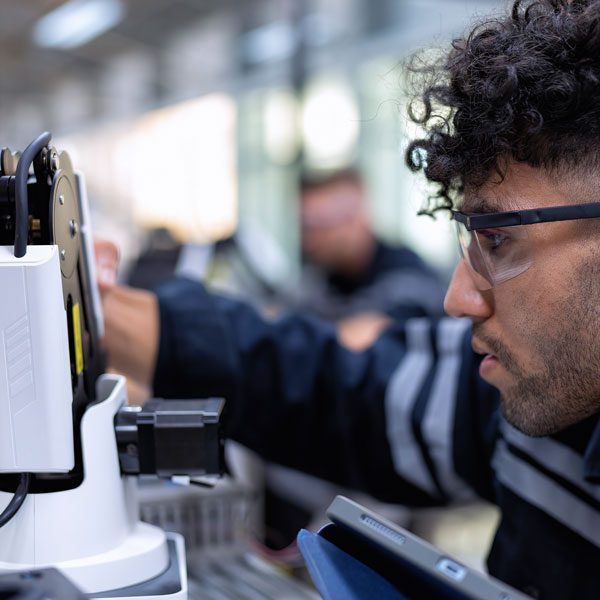 Technician inspecting machine
